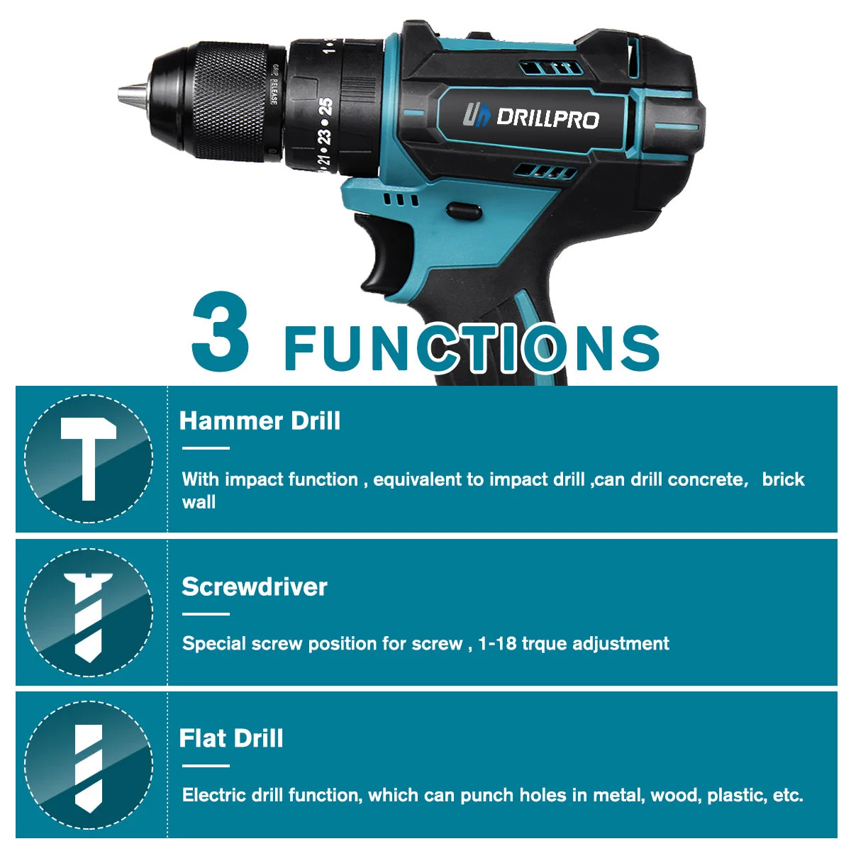 Imagem -03 - Drillpro Brushless Electric Drill Chave de Fenda sem Fio com Função Impact Corta Placas Metal Power 520n.m 10 mm