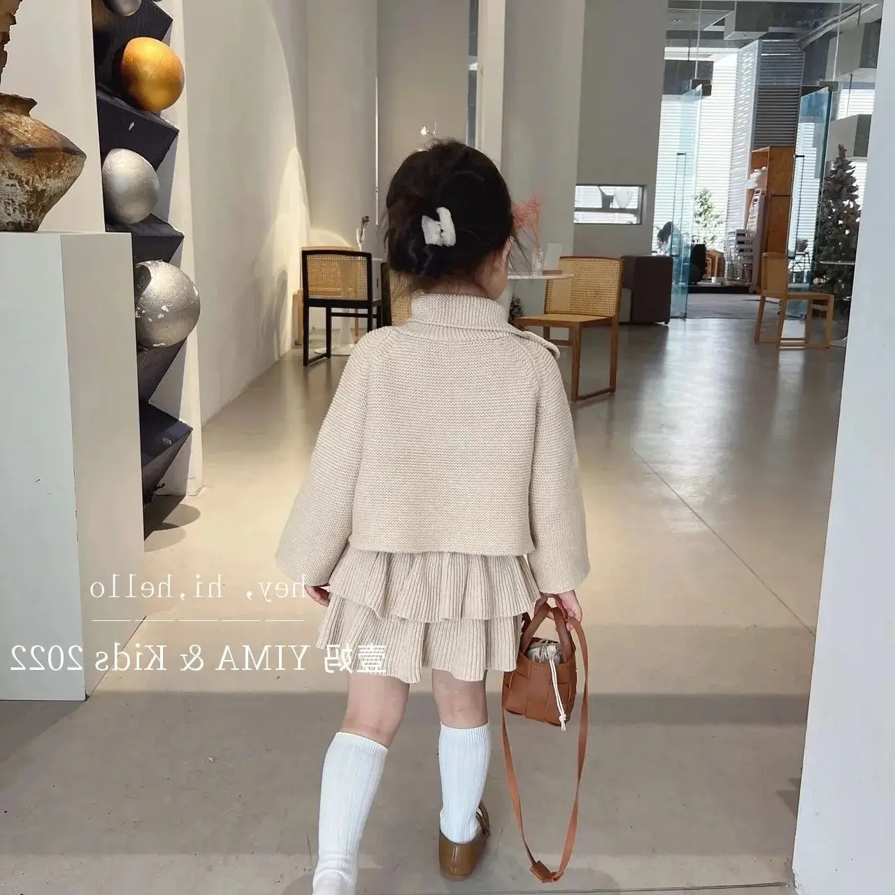 Kids Clothes Girls Pullover Bowknot Top Retro knitting Elegant Pleated Skirt Two Piece Set Girls Sweater Fashion Spring Autumn