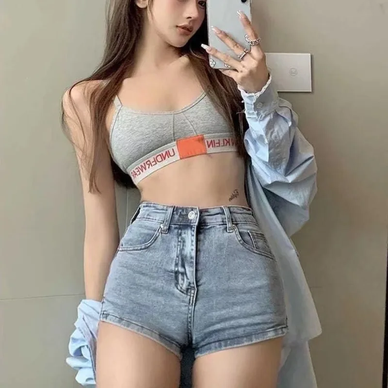 Feynzz Áo Xanh Quần Short Denim Nữ Gợi Cảm Cao Cấp Nút Túi Mỏng Phù Hợp Với Quần Short 2021 Bãi Biển Mùa Hè Dạo Phố Quần Short Jean