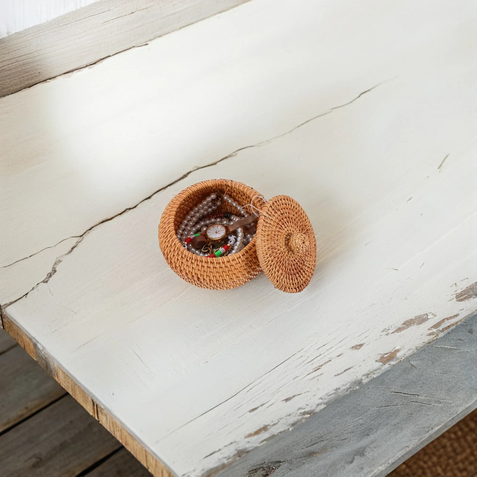 

Round Rattan Basket Lid Small Handmade Decorative Storage Organizer for Home Kitchen Bathroom Shelf Small Rattan Storage Basket