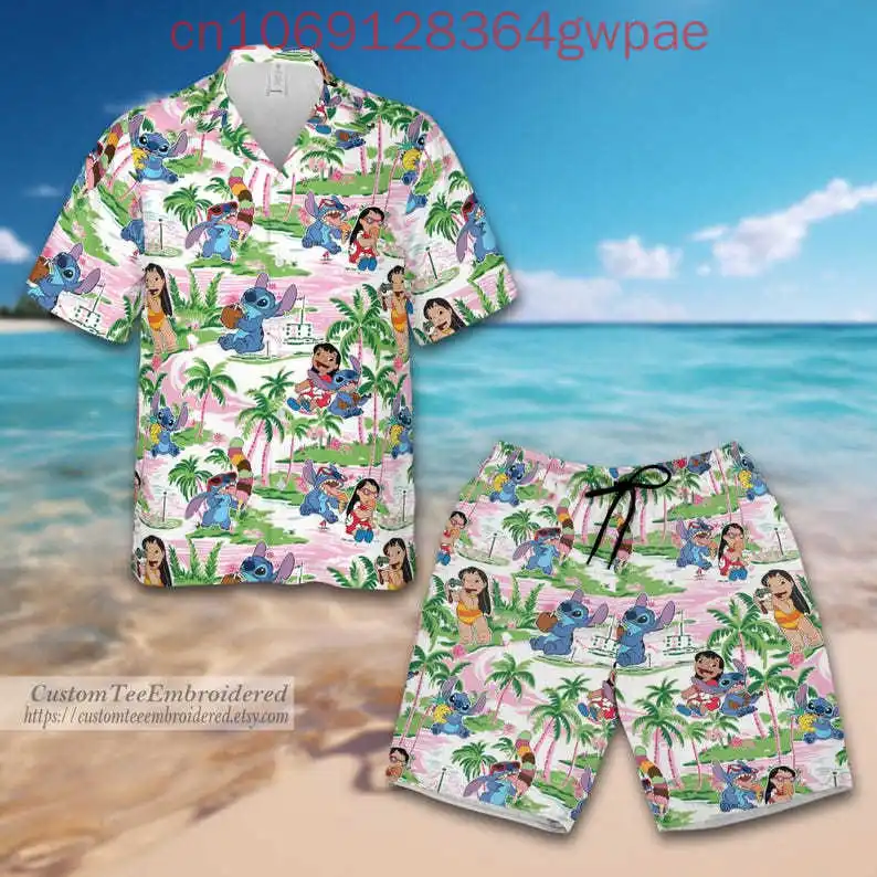 Disney Stitch Button Shirt And Short Stitch Ang Angel Men and Women Hawaiian Shirt Summer Shirt Stitch Shorts Ohana Mean Family