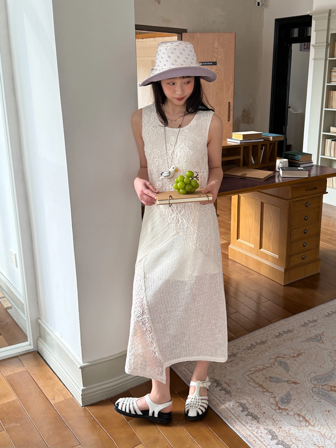 

Beachy Whisper Light Cream Summer Feel Sleeveless Patchwork Lace Embroidered Knitted Dress Casual Loose Fit round Neck Dress