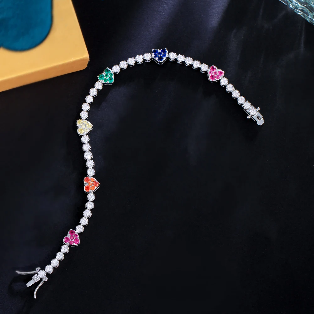 ThreeGraces Elegant Multicolor Love Heart Shape Shiny Cubic Zirconia Link Chain Bracelet for Women Bridal Party Jewelry BR371