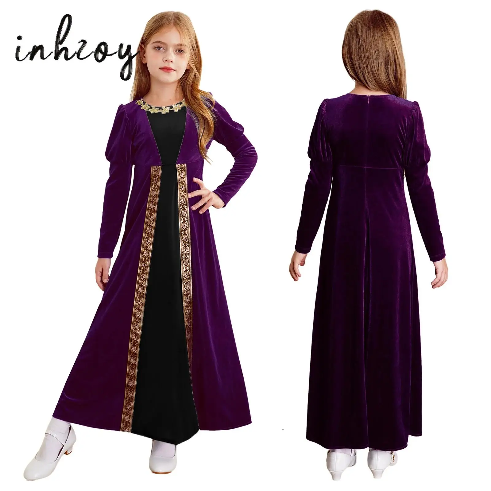 Kids Girls Medieval Renaissance Dress Velvet Long Sleeve Gothic Vintage Maxi Dress New Gown Halloween Carnival Party Dress Up