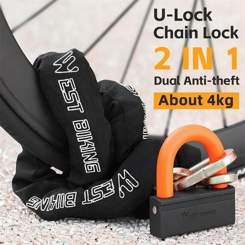 WEST BIKING 4KG Bike Lock Heavy Duty Anti-Theft Chain Lock With Padlock High Security Motorcycle E-Scooter Lock Two Coded Keys