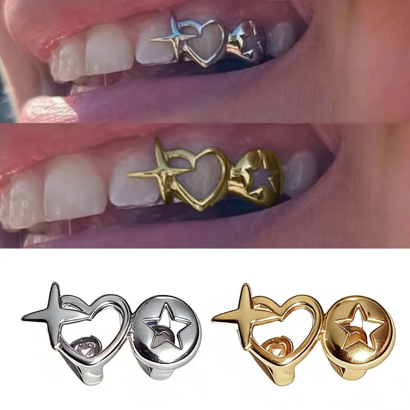 For Women Men Vintage Silver Color Double Love Star Tooth Grills Couple Punk Hip Hop Hollow Heart Teeth Caps Jewelry Accessories