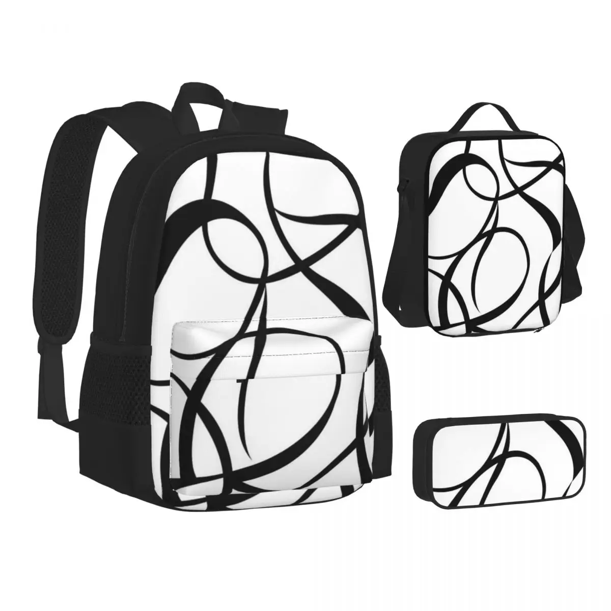 4 Pcs - 45cm 18In - Geometric Abstraction Line Backpacks Bookbag School Bags Children Rucksack Lunch Bag Pen Bag Three-Piece Set