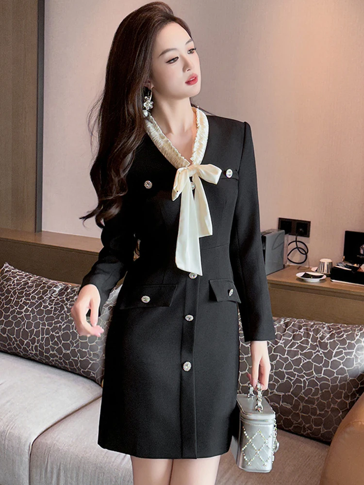 Ropa de mujer Vintage ocasión Formal negro arco cuello ajustado Mini vestido de tubo corto elegante señoras viaje moda Vestidos de fiesta