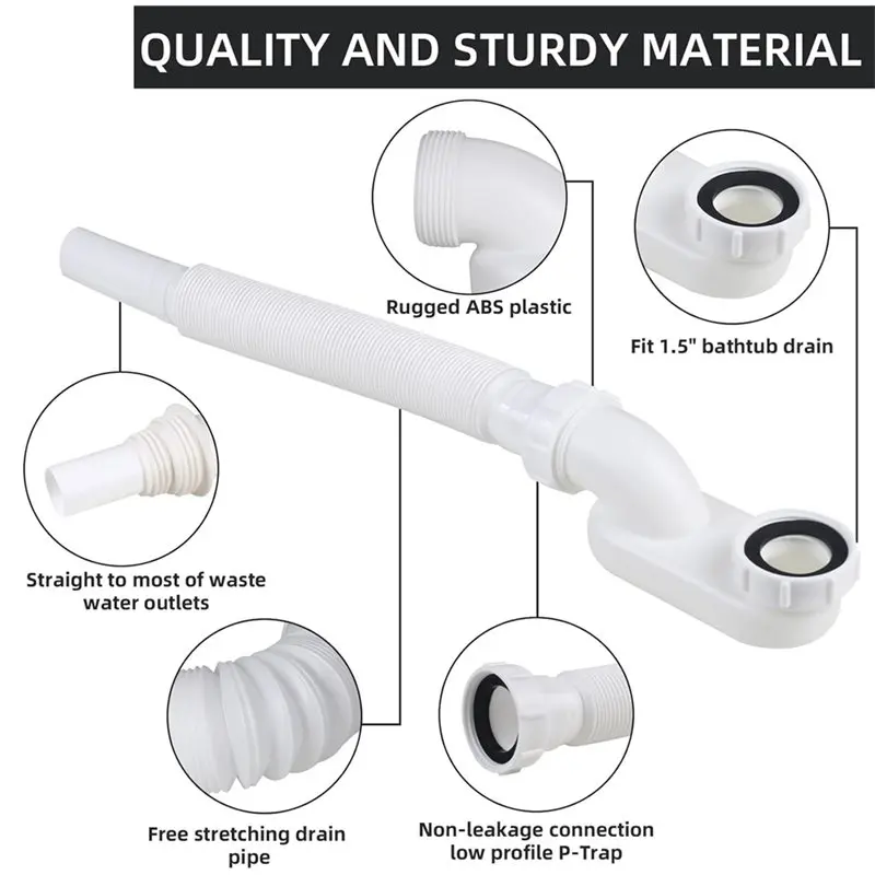 【تخفيضات جديدة】أنبوب تصريف حوض الاستحمام المرن، مجموعة أنابيب صرف مسطحة مانعة للتسرب 1 1/2 P، استنزاف مرن قائم بذاته لـ Ba