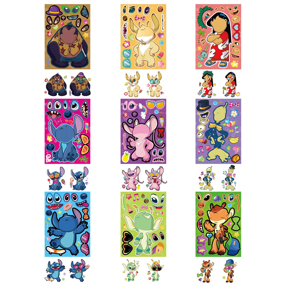 Autocollants de puzzle de dessin animé Disney Stitch pour enfants, faire un visage, bricolage amusant, assembler des décalcomanies de puzzle, jouets pour jeu de fête, 9 feuilles, 18 feuilles