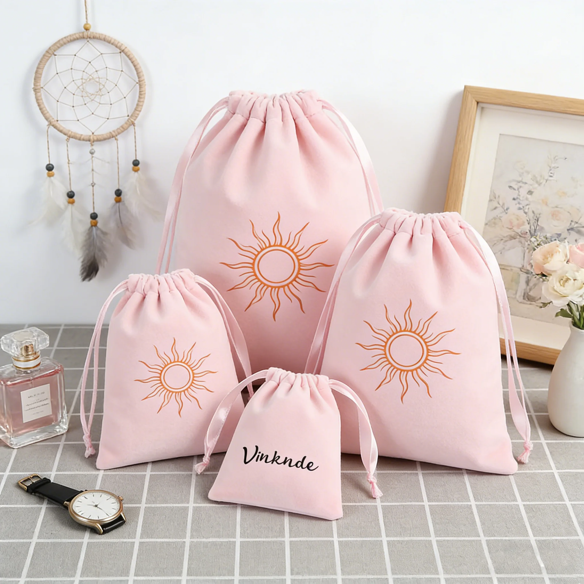 

50pcs Persionalized Velvet Cotton Jewelry Packaging Bag with Ribbon Drawstring Pouch Ring Earring Bracelet Cosmetic Storage