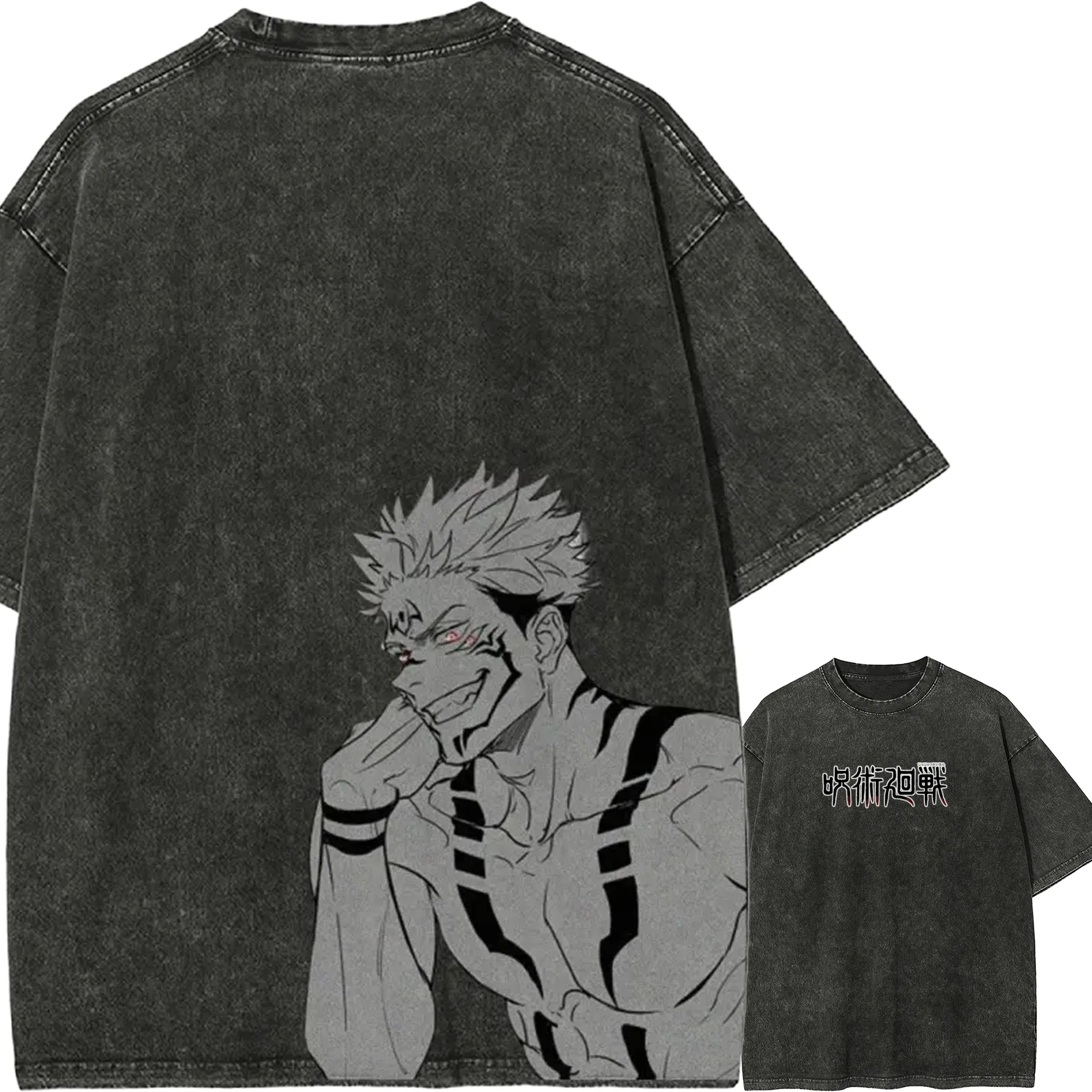 

Ryomen Sukuna T Shirt Jujutsu Kaisen Men Acid Wash Sukuna Red Eye Smirk Portrait King of Curses Anime Tee