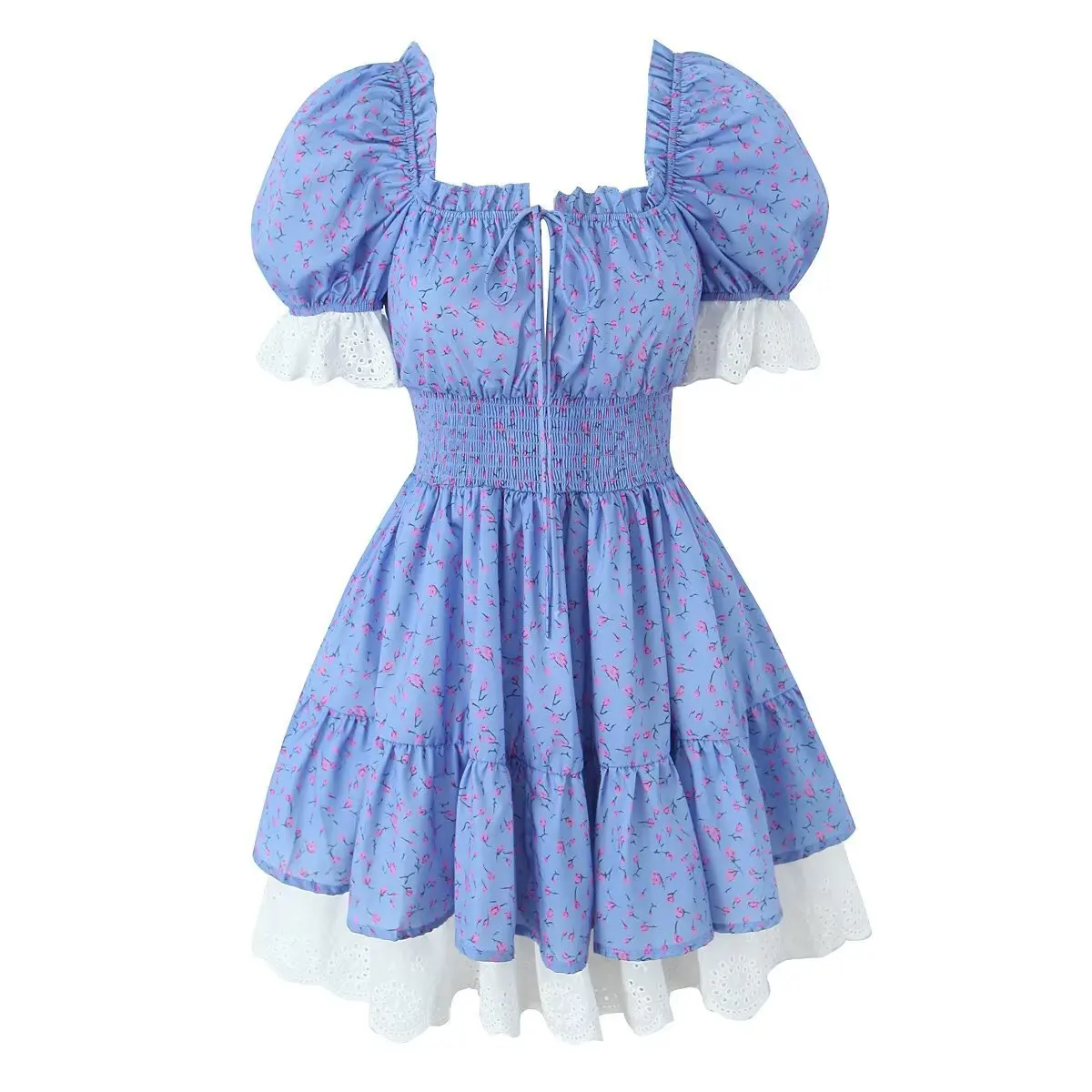 

Vacation Style Retro Floral Square Neck Sexy Lace Patchwork Elastic Waistband Puffy Skirt Dress for Women