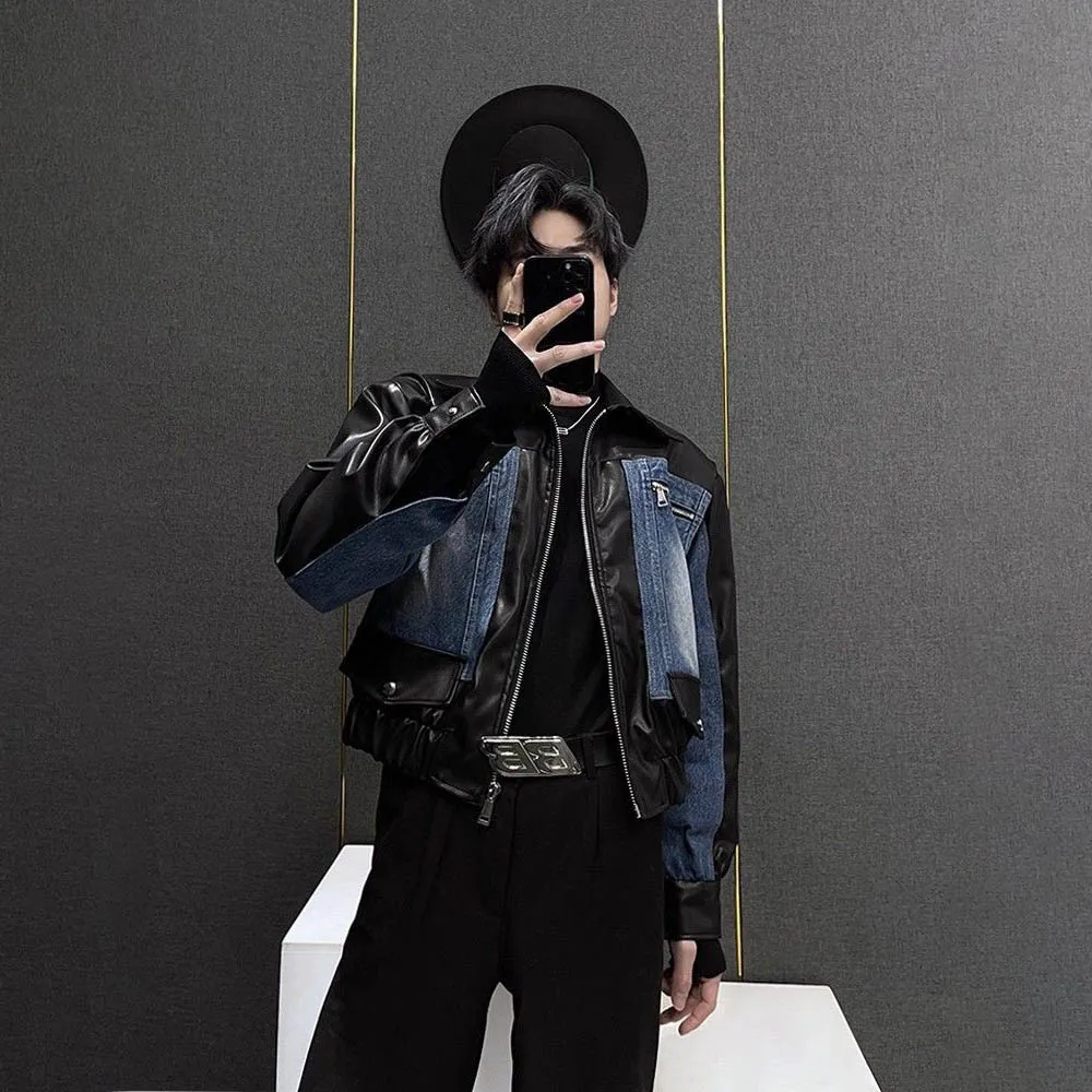 Men Autumn Pu Leather Jacket Blue Splicing Pu Leather Casual Jacket Streetwear Fashion Stage Performance Top（Non-denim fabric）