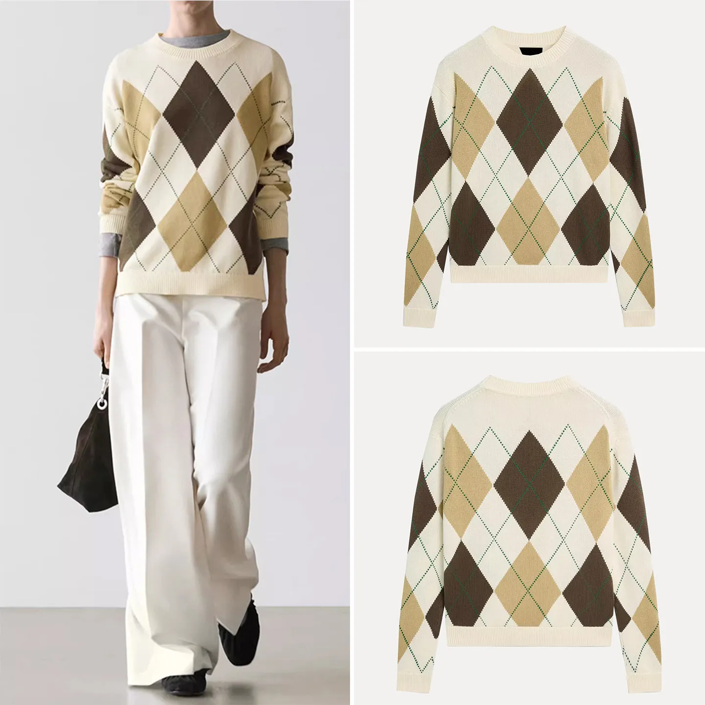 

Модный вязаный женский топ с длинным рукавом и круглым вырезом, с ромбовидным узором, весна 2026, для повседневной носки, свободный крой, трикотаж