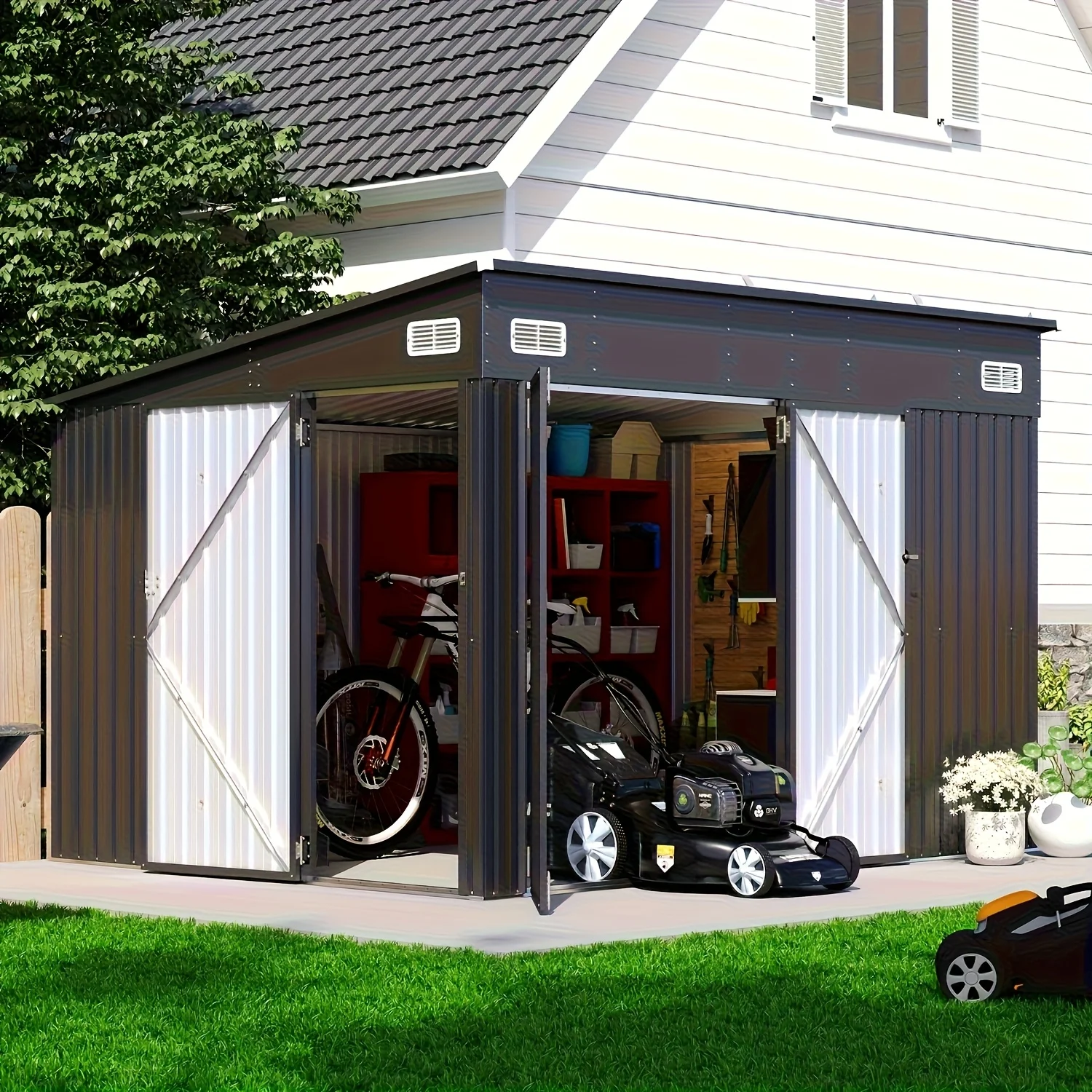 

Sonegra 8X6/12X8/10X8ft Outdoor Storage Shed with Triple Lockable Doors, Metal Storage Cabinet with Sloping Roof for Tools, Bicycles & Garden Equipment, Ideal for Patio & Courtyard(12X8/8X6/10X8ft, Black)