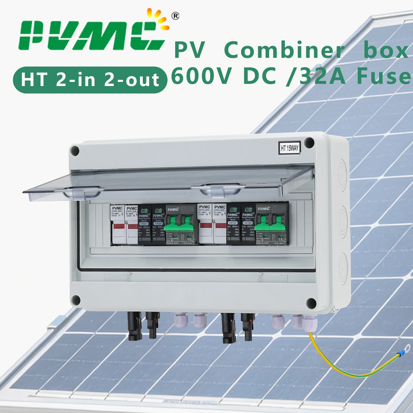 2 in 2 out DC 600V Solar photovoltaic PV Combiner Box With Lightning Protection 32A Fuse MCB SPD Waterproof IP65 Distribution