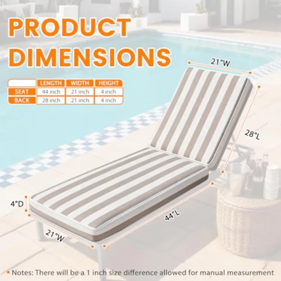 Patio chaise lounge cushion for outdoor use olefin fabric in tan cabana stripe water-resistant and thick with 4 straps 72 x 21 view 2