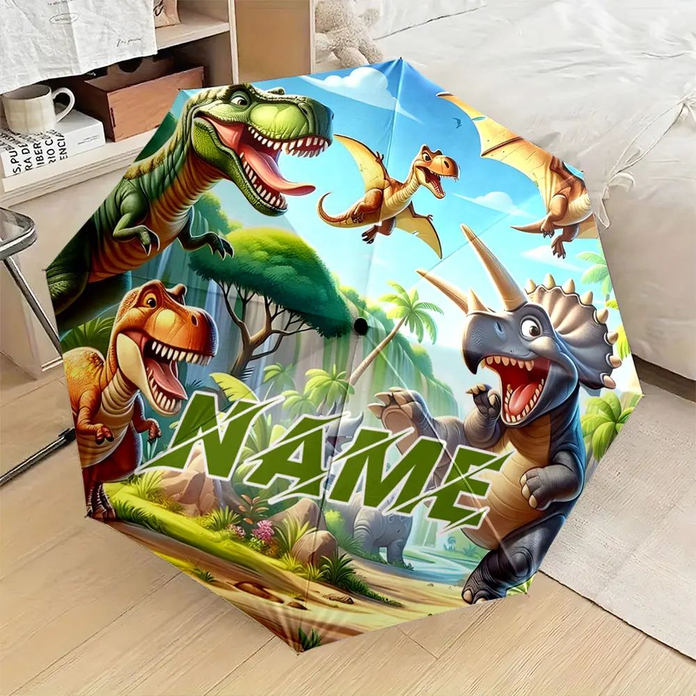 Personalisierter Regenschirm mit Namen, „Regenschirm mit Cartoon-Dinosaurier-Abenteuer-Design für Kinder“, faltbarer Regenschirm für Sonnenschein und Regen, Geschenk
