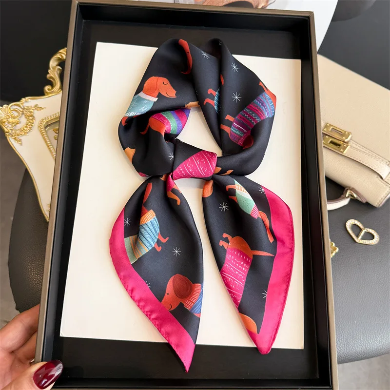 Cute Dog Print Square Silk Scarf for Women Hijab Hair Bands Neckerchief Female Satin Shawl Ribbon Headband Fashion Wraps Bandana image 5
