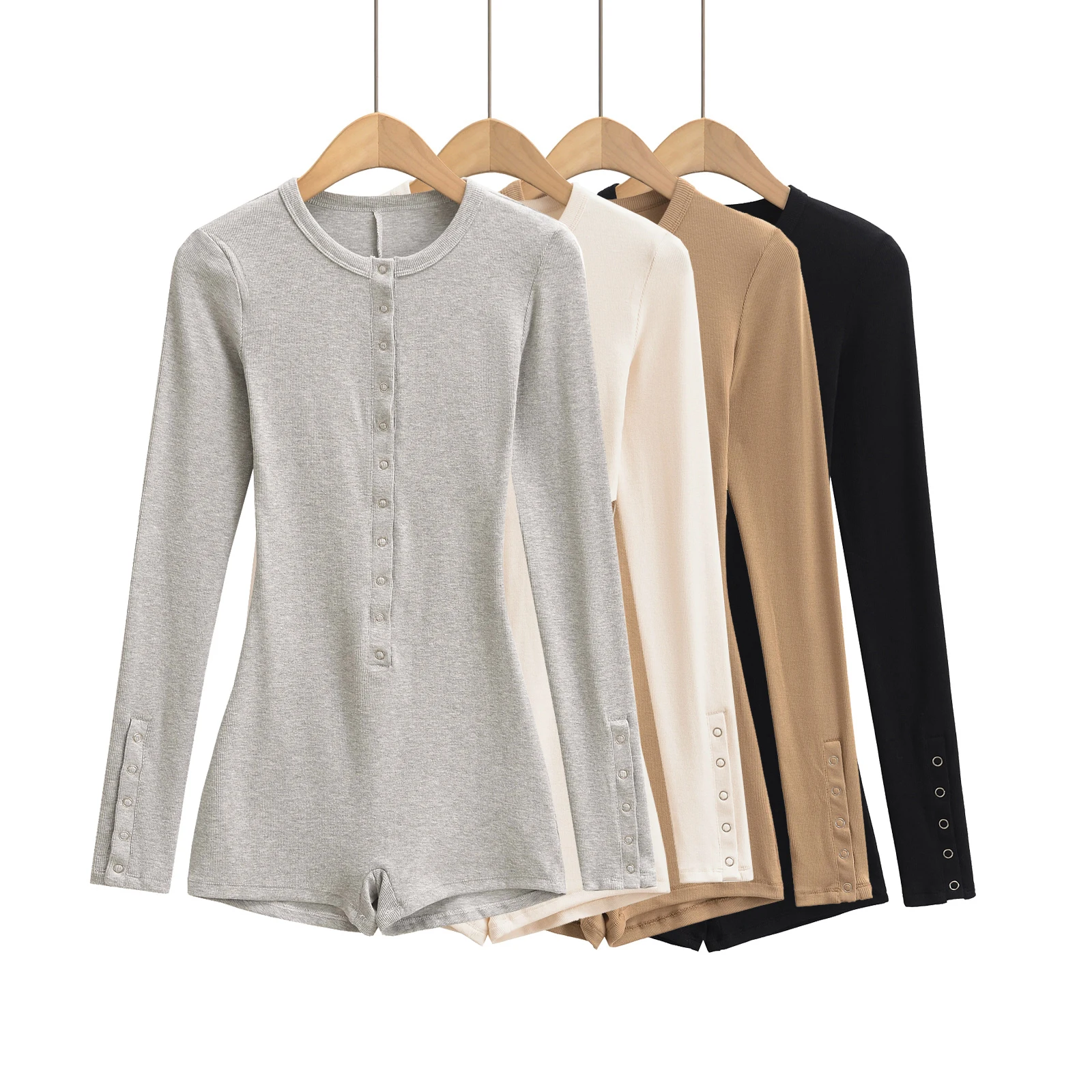 4 colors Y2K Sexy Metal Covered Button O neck Long Sleeve Jersey Bodysuit Woman Tight Short Jumpsuit Slim Fit Rompers Playsuits