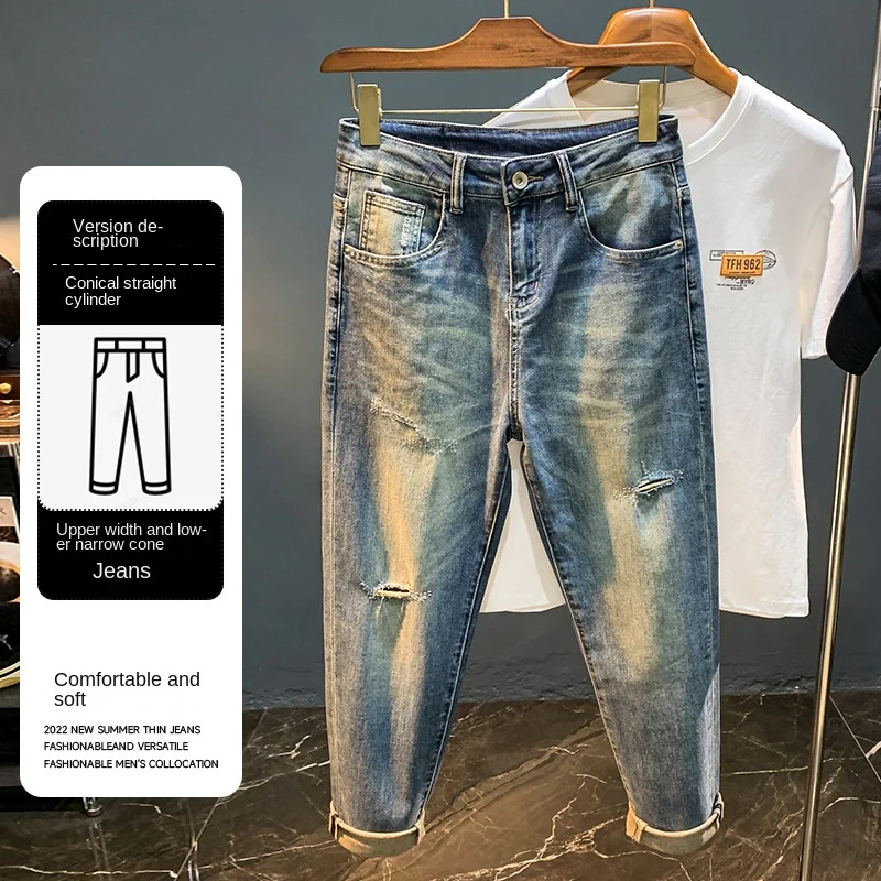 Calça jeans fina e rasgada masculina, calça levemente solta na moda, elástico cortado, calças plissadas e bonito, verão, 2024