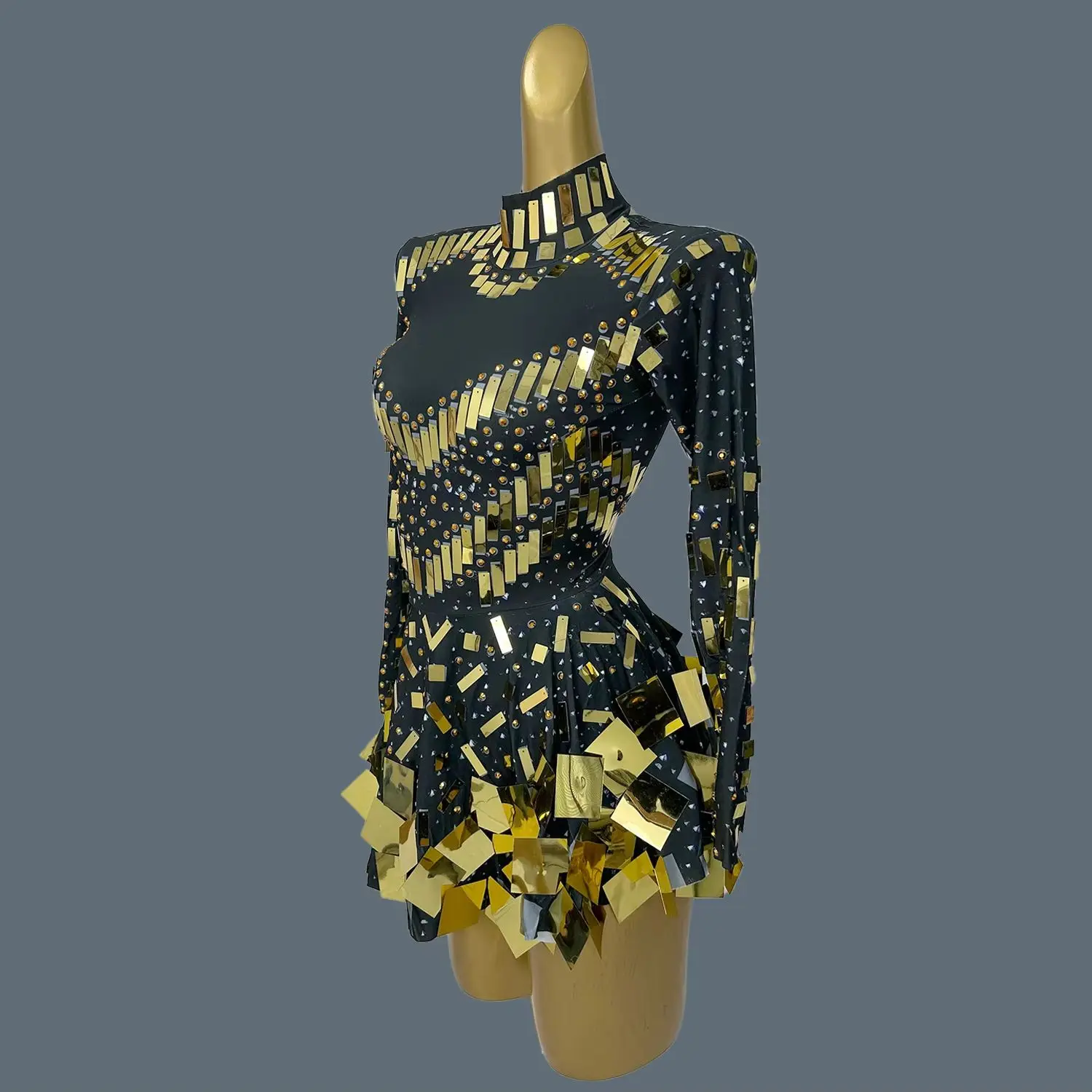 

High-end Sequins Mirrors Pleated Dress Long Sleeved Skinny Dress For Women Party Club Dance Show Stage Outfit Sexy Dance Xieshi