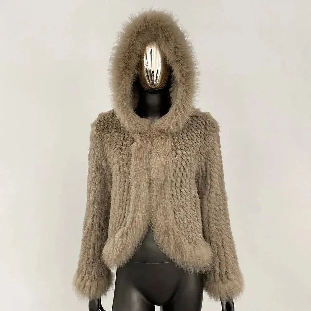 Kaninchen Pelzmantel Mode Poncho Stil Echt Gestrickte Frühling Herbst Frauen Casual Woven Pelzmantel Echt Fox Pelz Kragen Pelz Jacke Dame