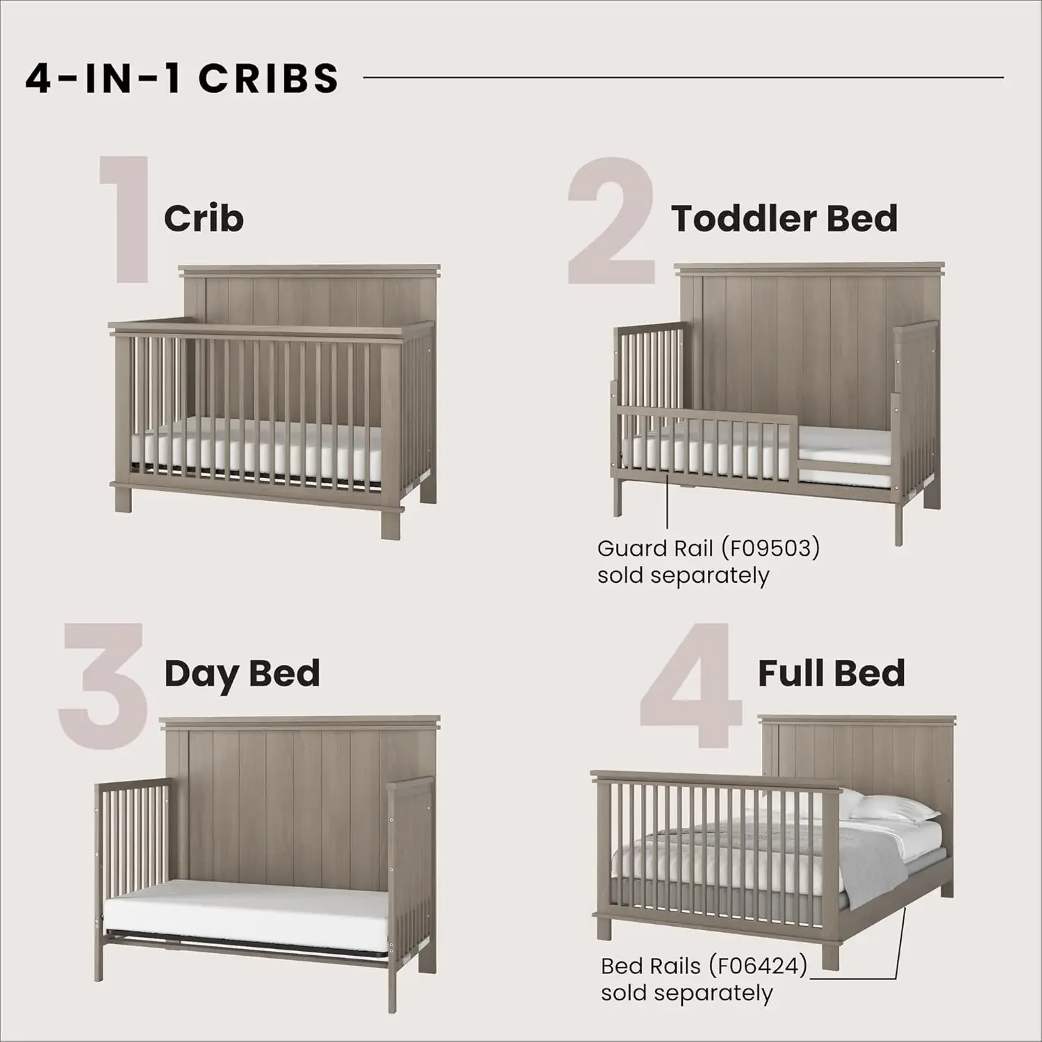 Child Craft Denman 4-in-1 umwandelbares Kinderbett, Babybett wandelt auf Tagesbett, Kleinkindbett und Bett in voller Größe, 3 verstellbare Matratzen um