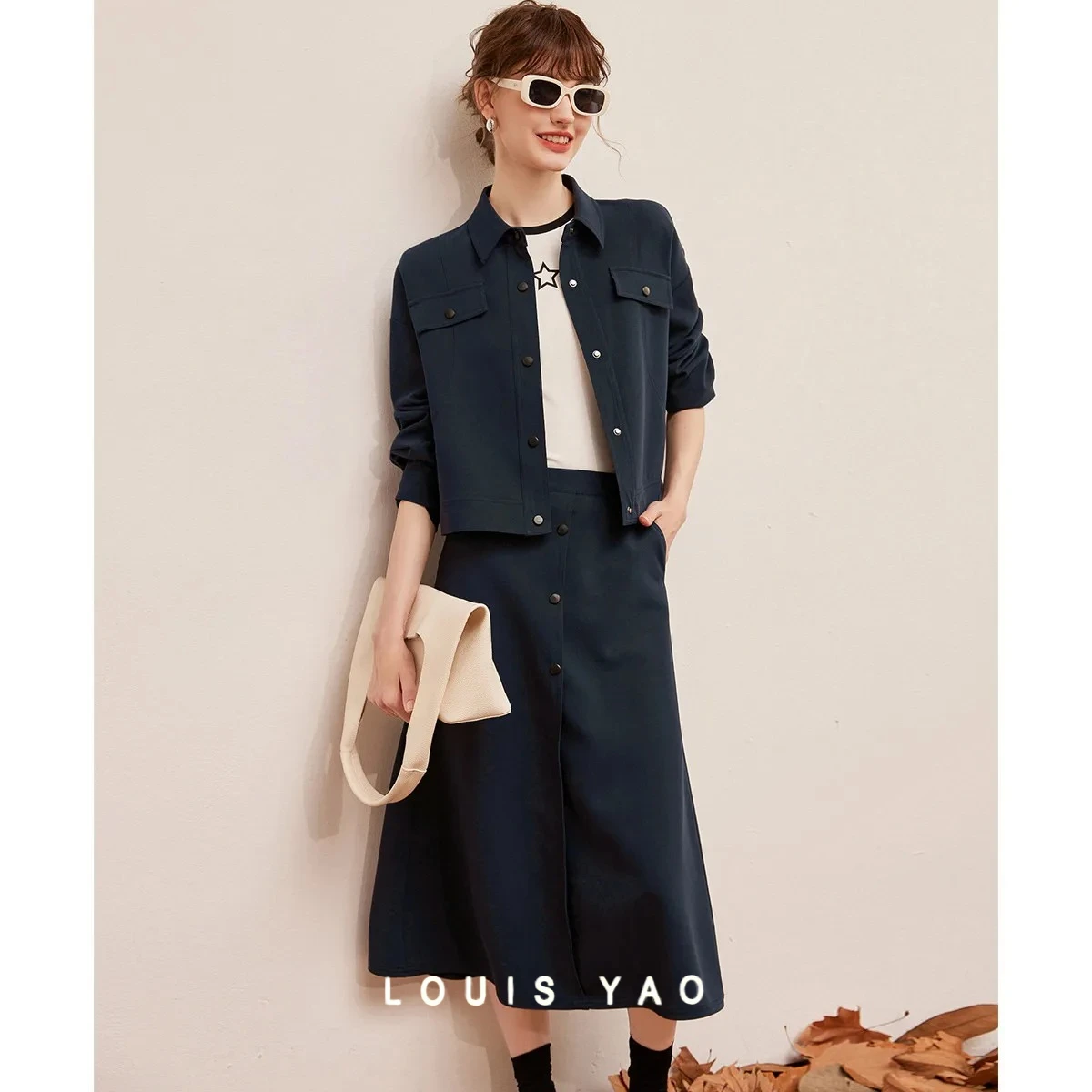 LOUIS YAO Turn-down Collar Women's Coat 2025 Spring/Autumn Drop-shoulder Tops Workwear Style Decorative Flap Pocket Jackets