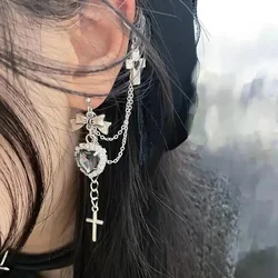 Punk Vintage Metal Cross Chain Black Crystal Heart Earrings Women Personalized Hip Hop One Piece Ear Bone Clips Party Jewelry