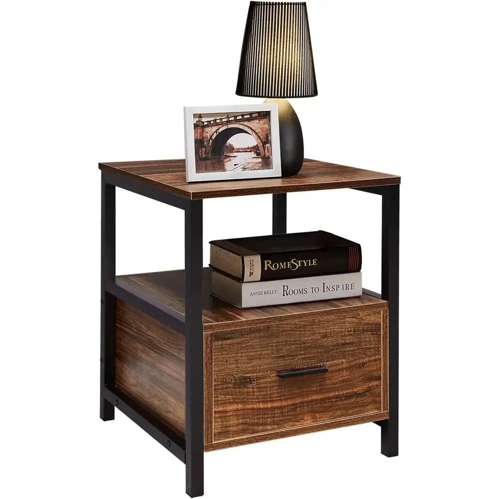 Rustic Brown Metal Nightstand with Open Shelf for Bedroom, Living Room, and Small Spaces