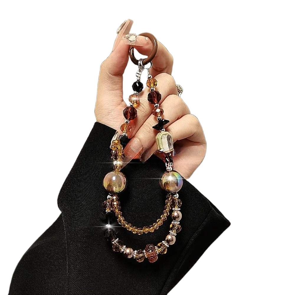 

High End Mobile Phone Pendant Cat's Eye Stone Crystal Beaded Bracelet Keychain Fashionable Hand Held Chain Bag Pendant Chain