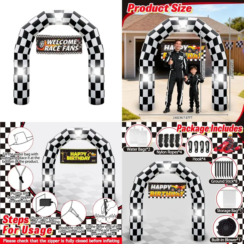 

Black and White Checkered Inflatable Race Car Arch with Happy Birthday Banner for Outdoor Party Decor