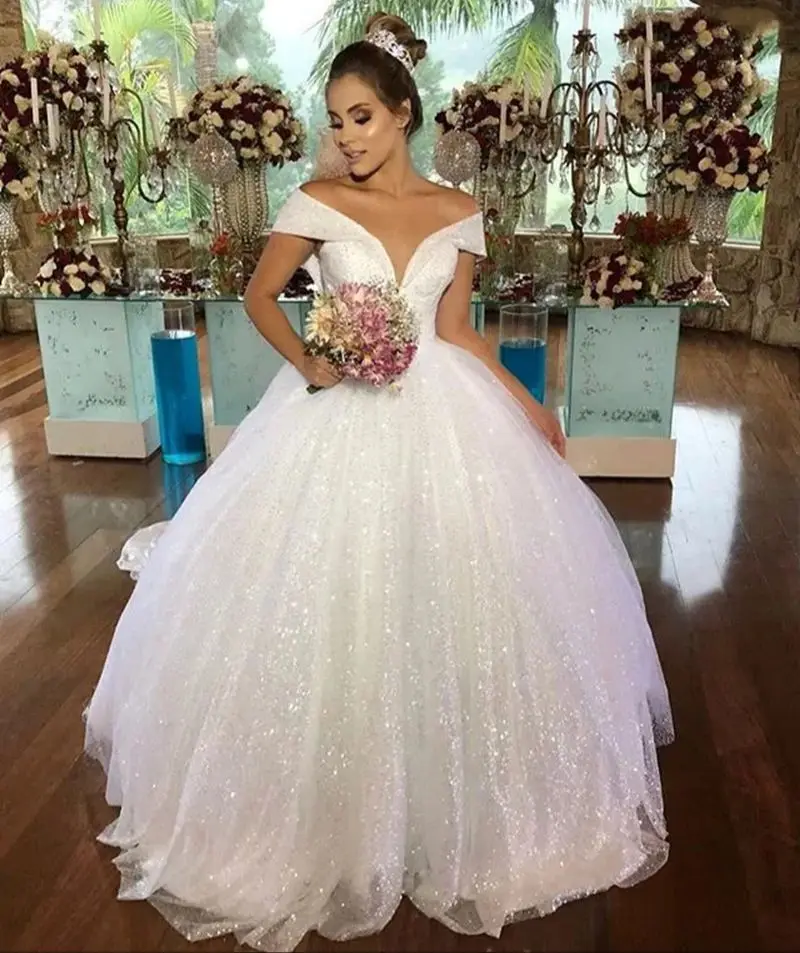 Vestido de novia blanco brillante con lentejuelas, vestido de novia de manga corta con hombros descubiertos, largo hasta el suelo, con cordones en la espalda, 2024