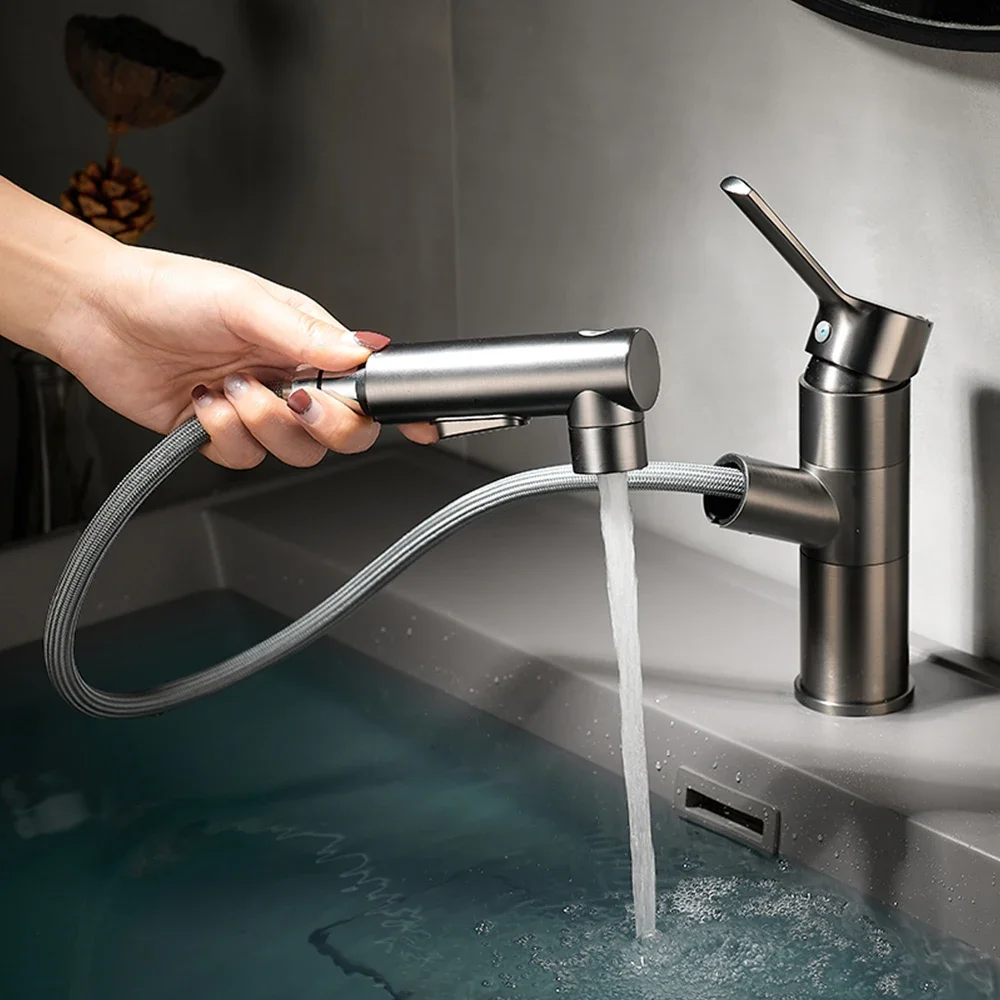 Basin Faucet Black/Chrome/Gray Multifunctional Rotating Pull-out Hot & Cold Water Mixer Sink Copper Taps Bathroom Accessories