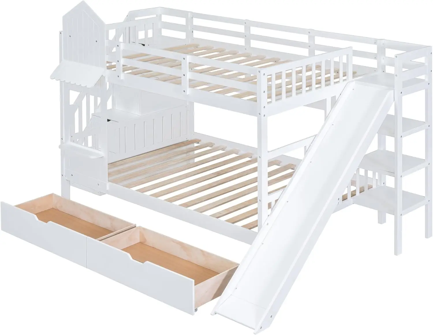 Softsea Wood Kid'S Bunk Bed Full Over Full With Drawers And Slide And Staircase, Wood Bunk Bed Frame Full Size Bedroom