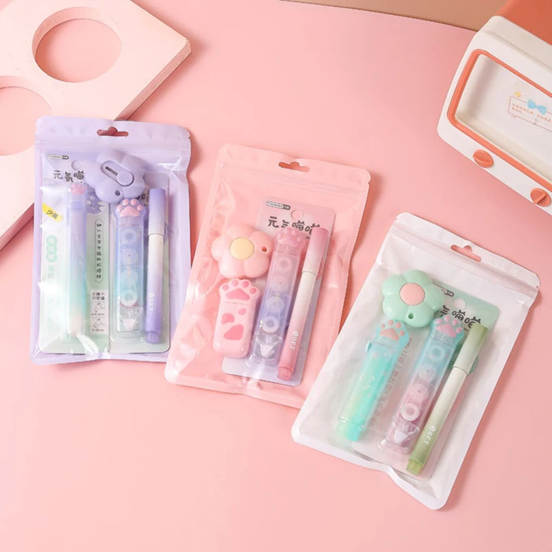 4/6/7pcs cat's paw Stationery Set correction tape gel pen eraser utility knife Pencil Sharpeners student School Supplies gift - view 3