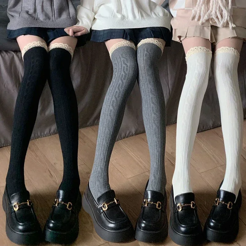 

Fashion Cute Elegant Solid Color JK Lace Socks Lolita Lace Stockings Women Knitted Pattern Girls Winter Warmer Floor Hosiery