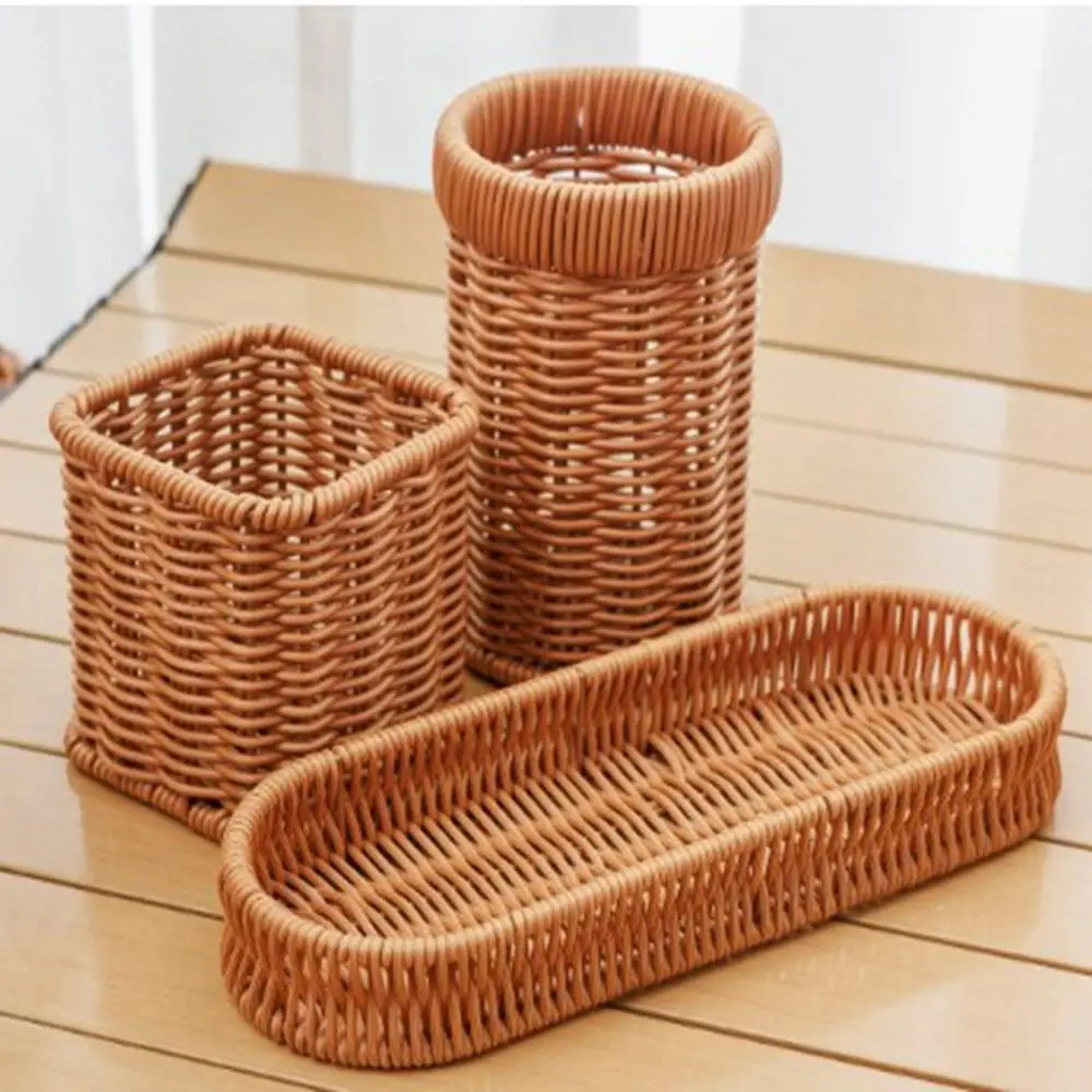 Härte Rattan Wicker Woven Servierkörbe Haushalt 7 Stile Abfluss Essstäbchen Gabel Löffelhalter Handgewebt