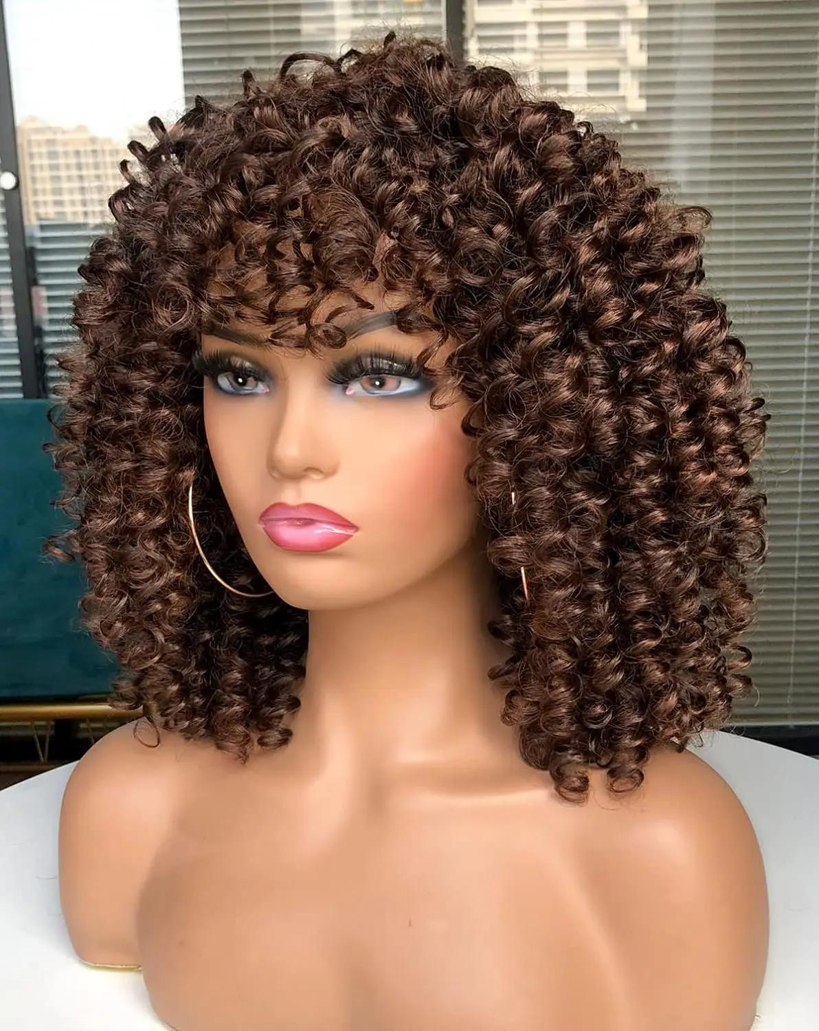 Short Curly Synthetic Wigs for Black Women with Bangs Afro Short Kinky Curly Big Bouncy Hair Wig14 inch