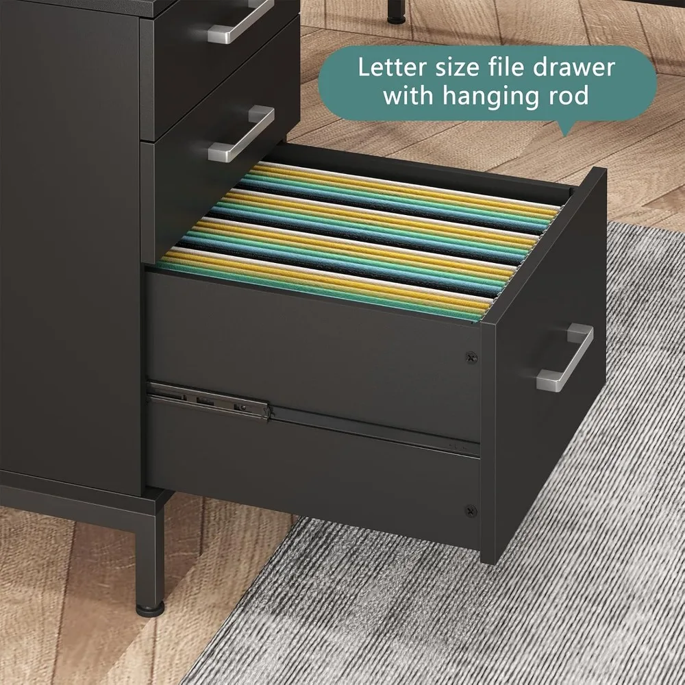 مكتب على شكل حرف L مع 6 أدراج، مكتب كمبيوتر كبير للمكتب المنزلي مع خزانة ملفات تخزين، مكتب خشبي معدني حديث