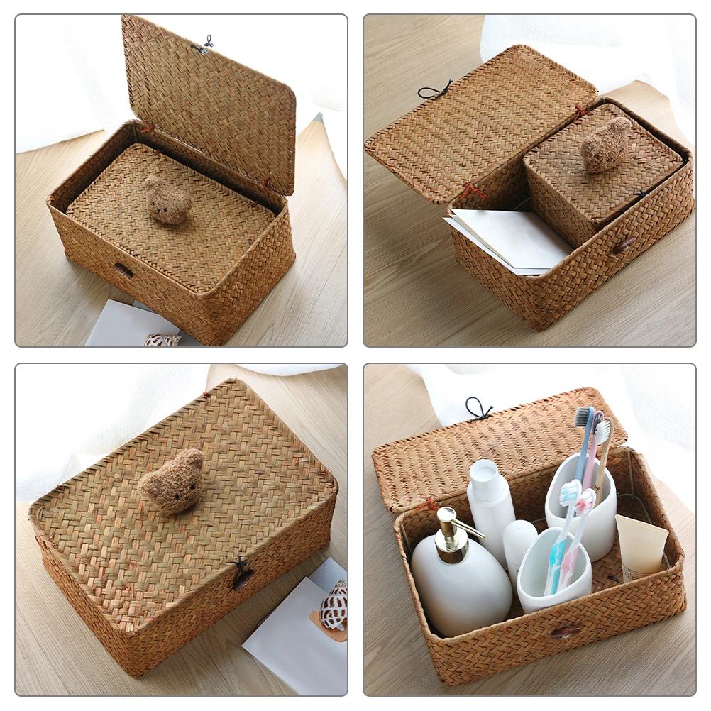 

Creative Bear Woven Storage Box Orange Small Rectangle Size with Lid Keys Wallets Sundries Household Desktop Organizer Portable