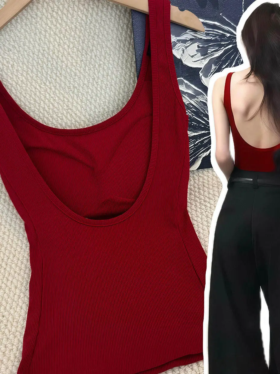 Red Backless Strap Vest Women Summer Outdoor Wear U-Shape Beautiful Back Bra Integrated Inner Match Sports with Chest Pad Top