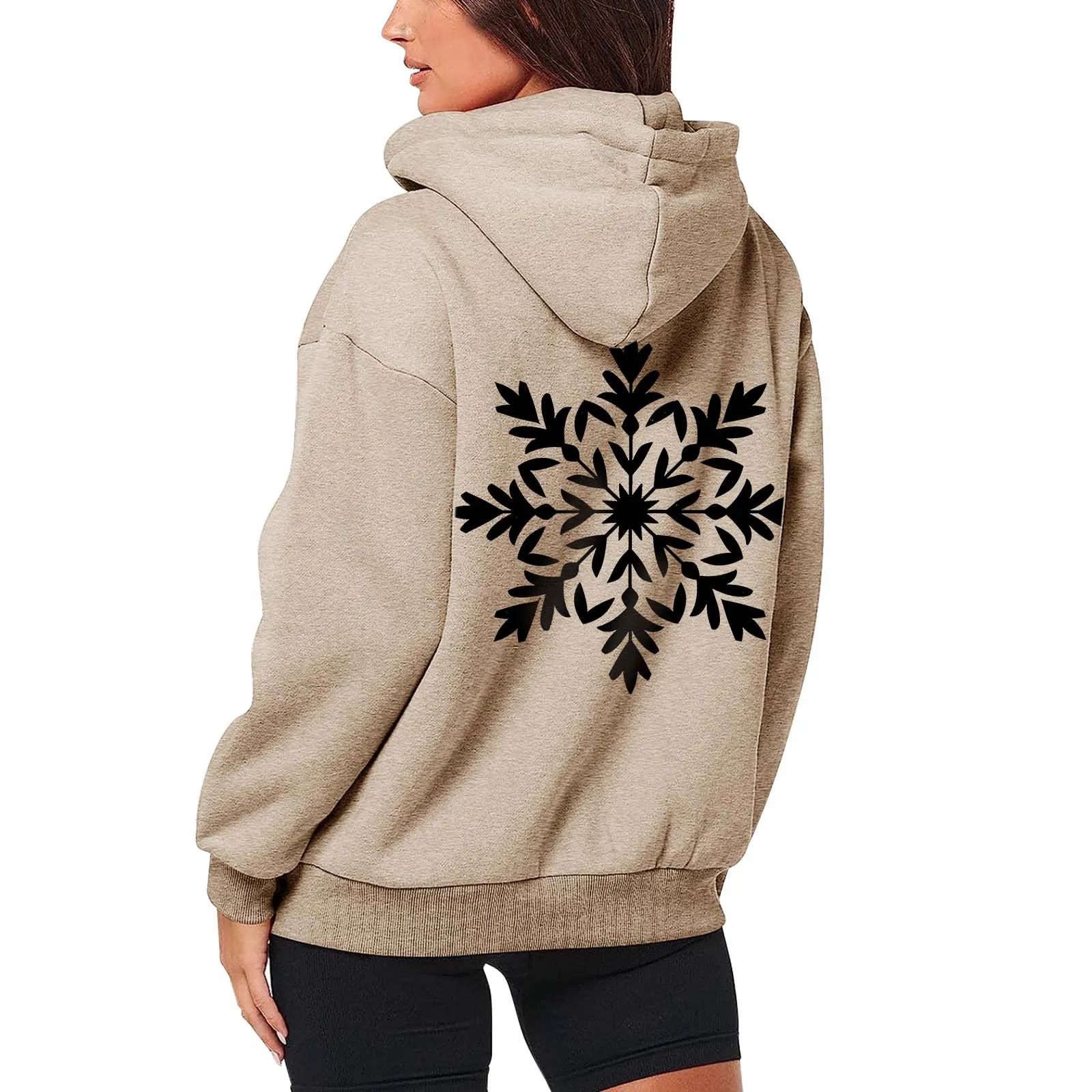 

Christmas Snowflake Print Sweatshirt Women's Long-Sleeved Drawstring Hooded Top Zip-Up Pocket Cardigan Jacket Casual Sweatshirts