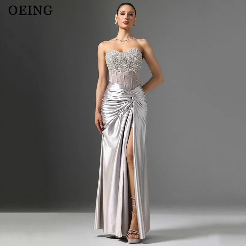 

OEING Sexy Mermaid Prom Dresses Silver Beading Silky Sweetheart Illusion High Side Slit Party Dress שמלות ערב Customized