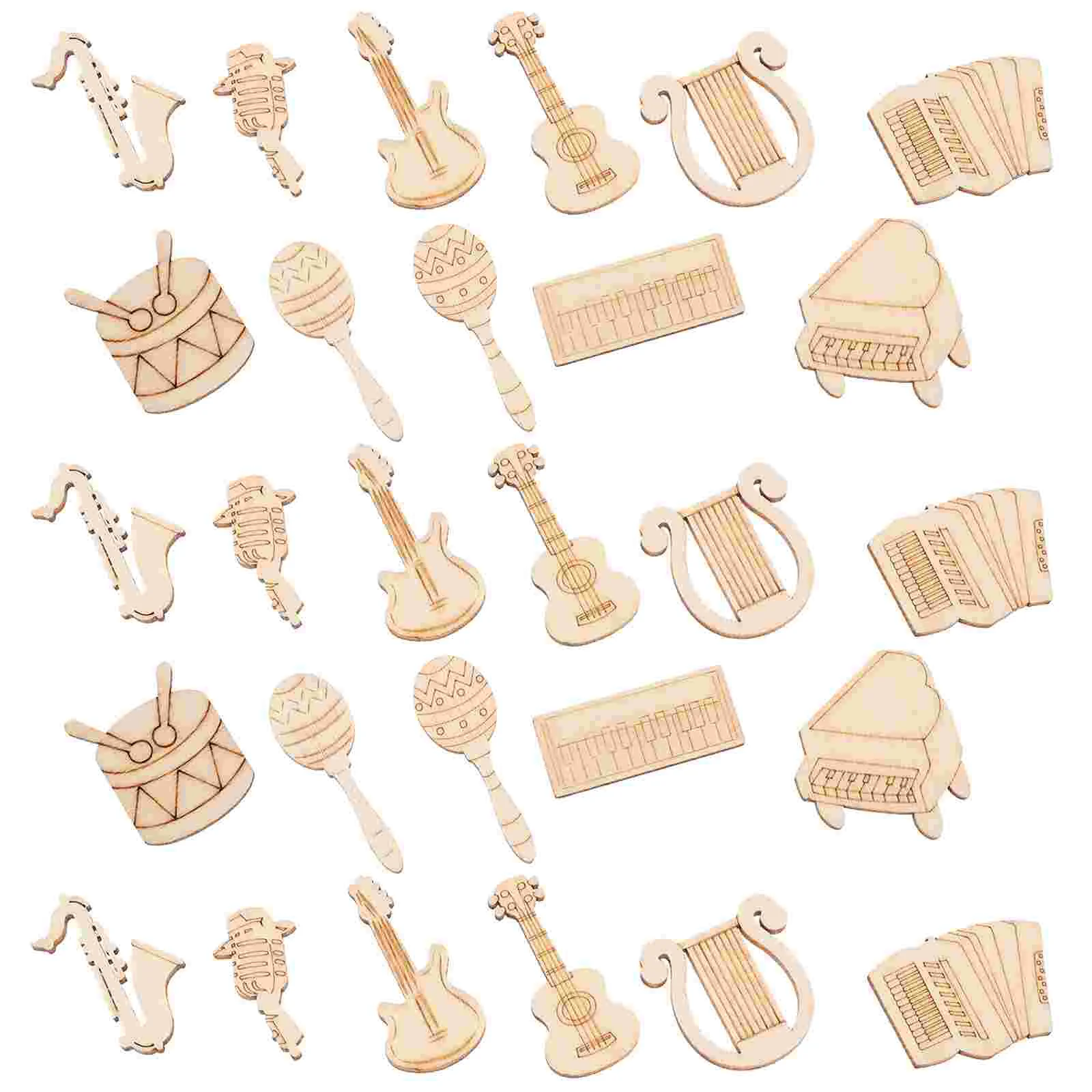 Wooden Cartoon Musical Notes Piano Guitar Bass Saxophone Instrument Series DIY Handmade Decorative Chips 100pcs Cutout