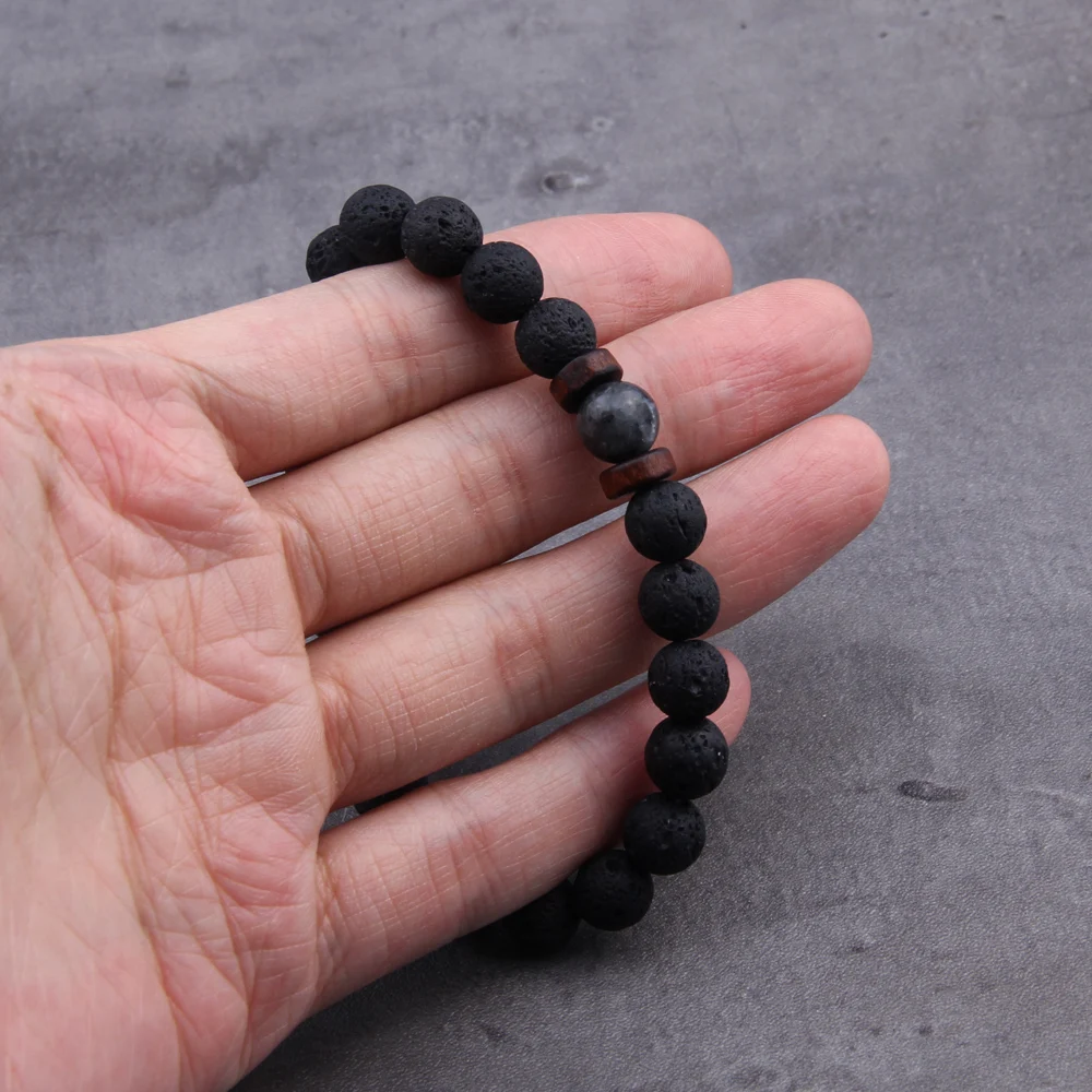 Fashion Natural Lava Stone Wooden Beads Energy Yogi Elastic Stand Bracelet Bangle For Men Accessorie Jewelry Valentine Gift