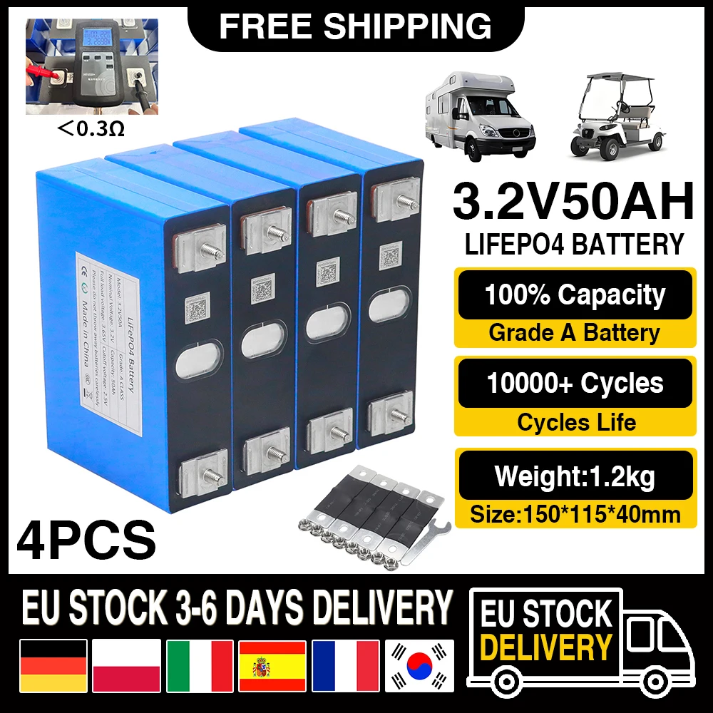 New 4pcs 3.2V 50Ah LiFePO4 Lithium Iron Phosphate Battery Can be Combined into 12V 24V 36V 48V 100Ah Rechargeable Battery Pack