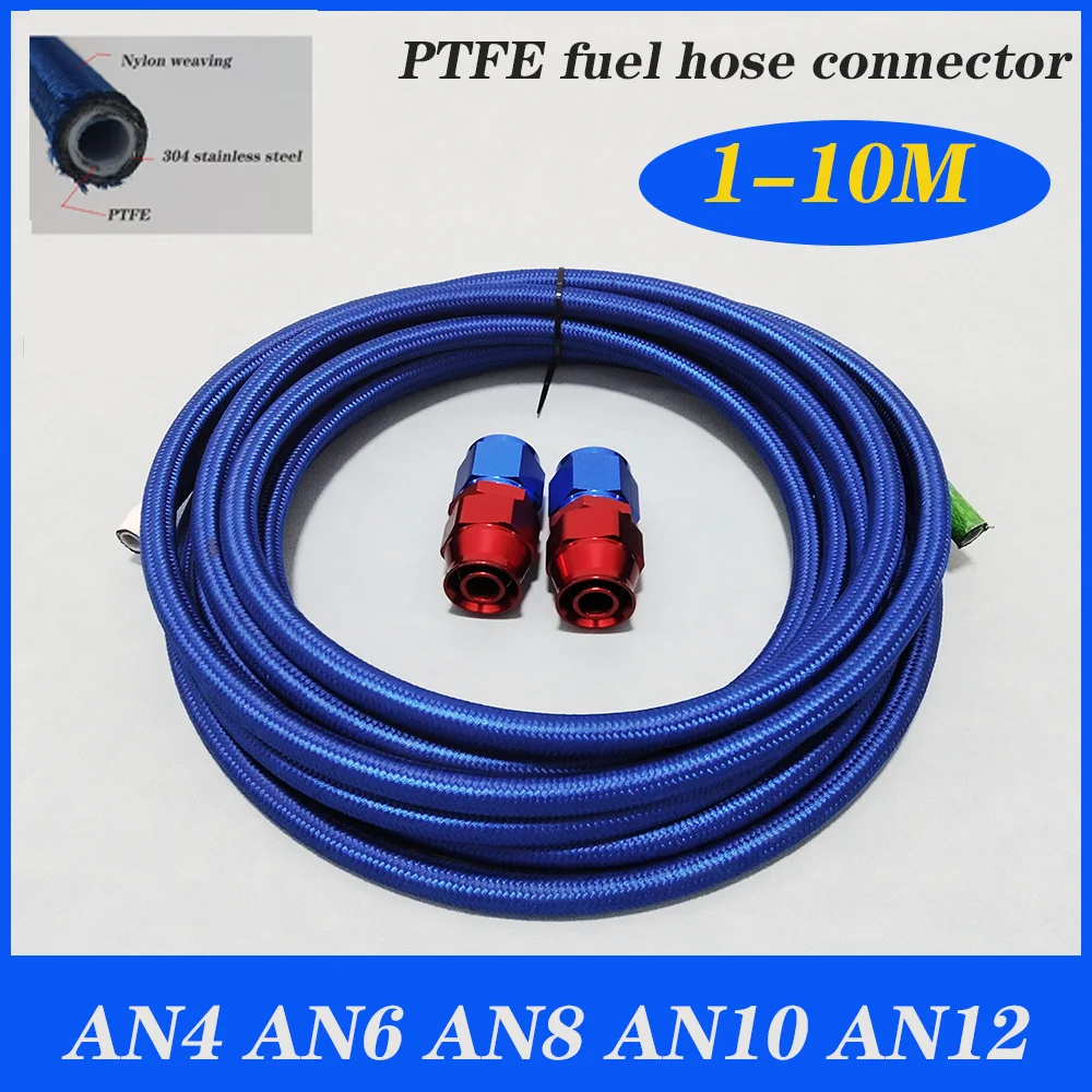 1-10M Blue AN4 AN6 AN8 AN10 AN12 E85 Tube Nylon Stainless Steel Braided PTFE Blue Fuel Line Fitting Kit 2 pcs Swivel Hose Ends